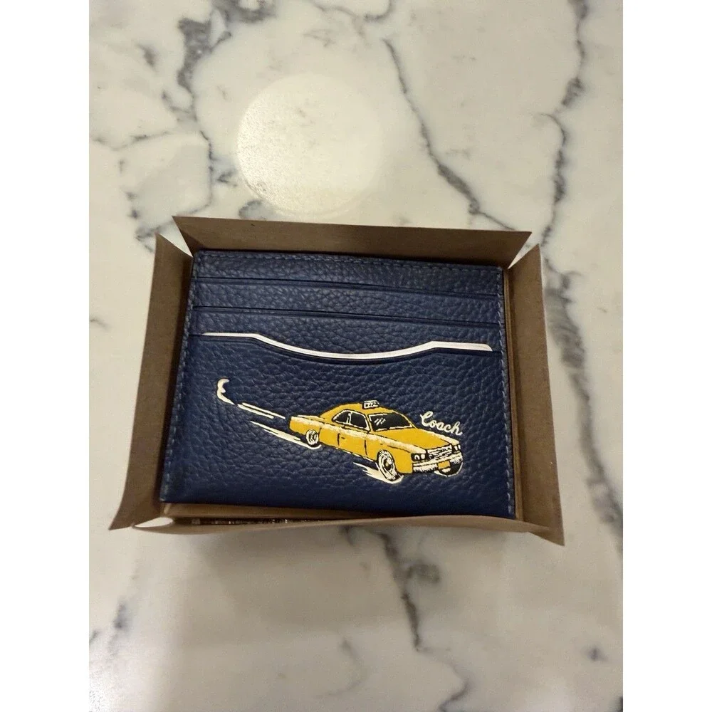 Coach Men’s Navy Leather Card Holder Wallet Taxi Cab Graphic Rare New